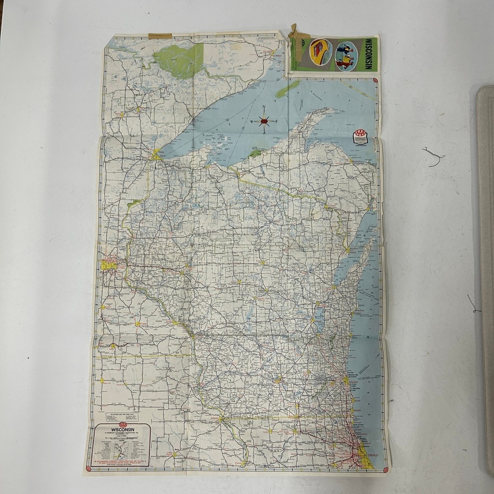 Vintage 1961 AAA Wisconsin Road Map Mid Century Travel Decor Americana